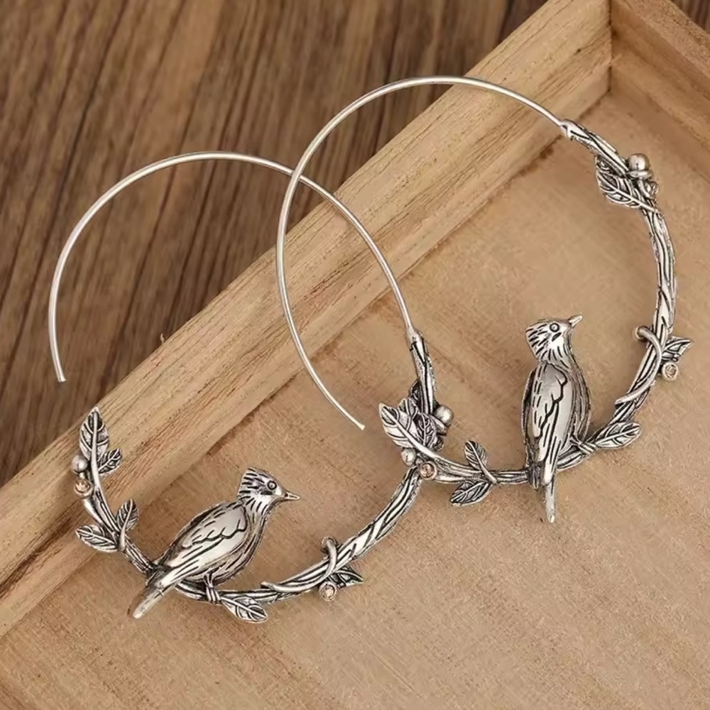 Vintage Bird Hoop Silver Earrings